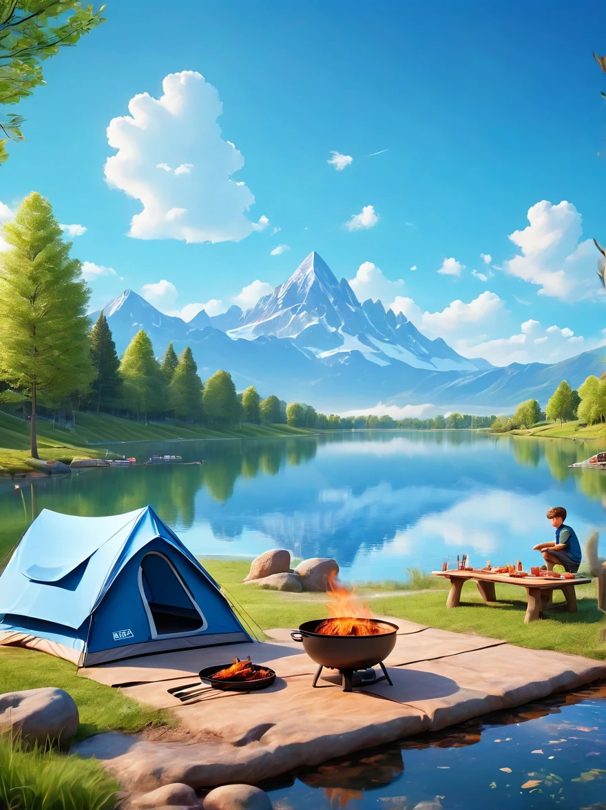 (1 boy:1.3)，trip，The real situation，(Tented campsite:1.5)，Spring Outing，lake，natural scenery，barbecue，Blue sky natural background，Clay Materials，Clean background，Skyline design，3D，c4d，Blender，Natural light，Lighting photo，Very rich edge light details，Intricate details，8K, Ultra HD, masterpiece, precise, Anatomically correct, Textured Skin, The award-winning