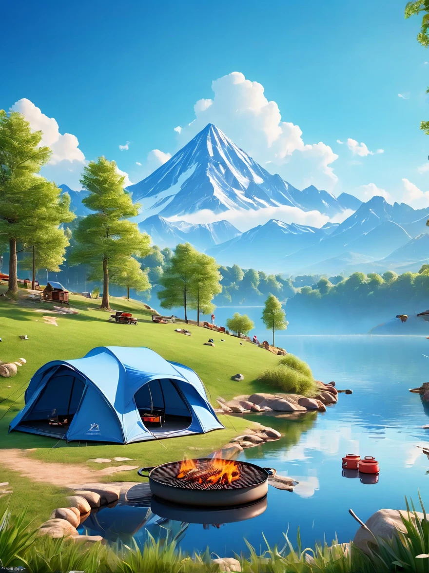 (1 boy:1.3)，trip，The real situation，(Tented campsite:1.5)，Spring Outing，lake，natural scenery，barbecue，Blue sky natural background，Clay Materials，Clean background，Skyline design，3D，c4d，Blender，Natural light，Lighting photo，Very rich edge light details，Intricate details，8K, Ultra HD, masterpiece, precise, Anatomically correct, Textured Skin, The award-winning