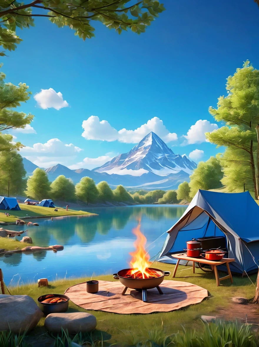 (1 boy:1.3)，trip，The real situation，(Tented campsite:1.5)，Spring Outing，lake，natural scenery，barbecue，Blue sky natural background，Clay Materials，Clean background，Skyline design，3D，c4d，Blender，Natural light，Lighting photo，Very rich edge light details，Intricate details，8K, Ultra HD, masterpiece, precise, Anatomically correct, Textured Skin, The award-winning