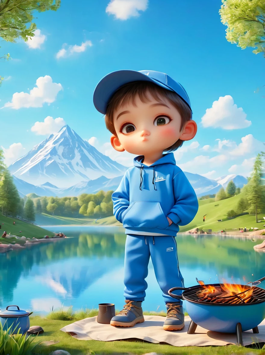 (1 boy:1.3)，trip，The real situation，(Tented campsite:1.5)，Spring Outing，lake，natural scenery，barbecue，Blue sky natural background，Clay Materials，Clean background，Skyline design，3D，c4d，Blender，Natural light，Lighting photo，Very rich edge light details，Intricate details，8K, Ultra HD, masterpiece, precise, Anatomically correct, Textured Skin, The award-winning