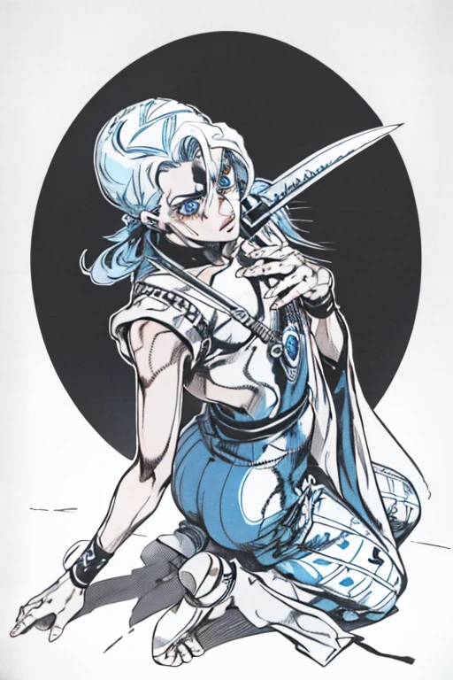 blue hairy eyes T back Carrying a Japan sword on his back posterior view crouching down masterpiece Top image quality denoise Clear cinematic shadow Increased attractiveness of the eyes Clear the shine of the eyes Draw eyelashes neatly Perfect Eye A detailed eye Sharpen image quality Sharpen eye writing Clear eye shape