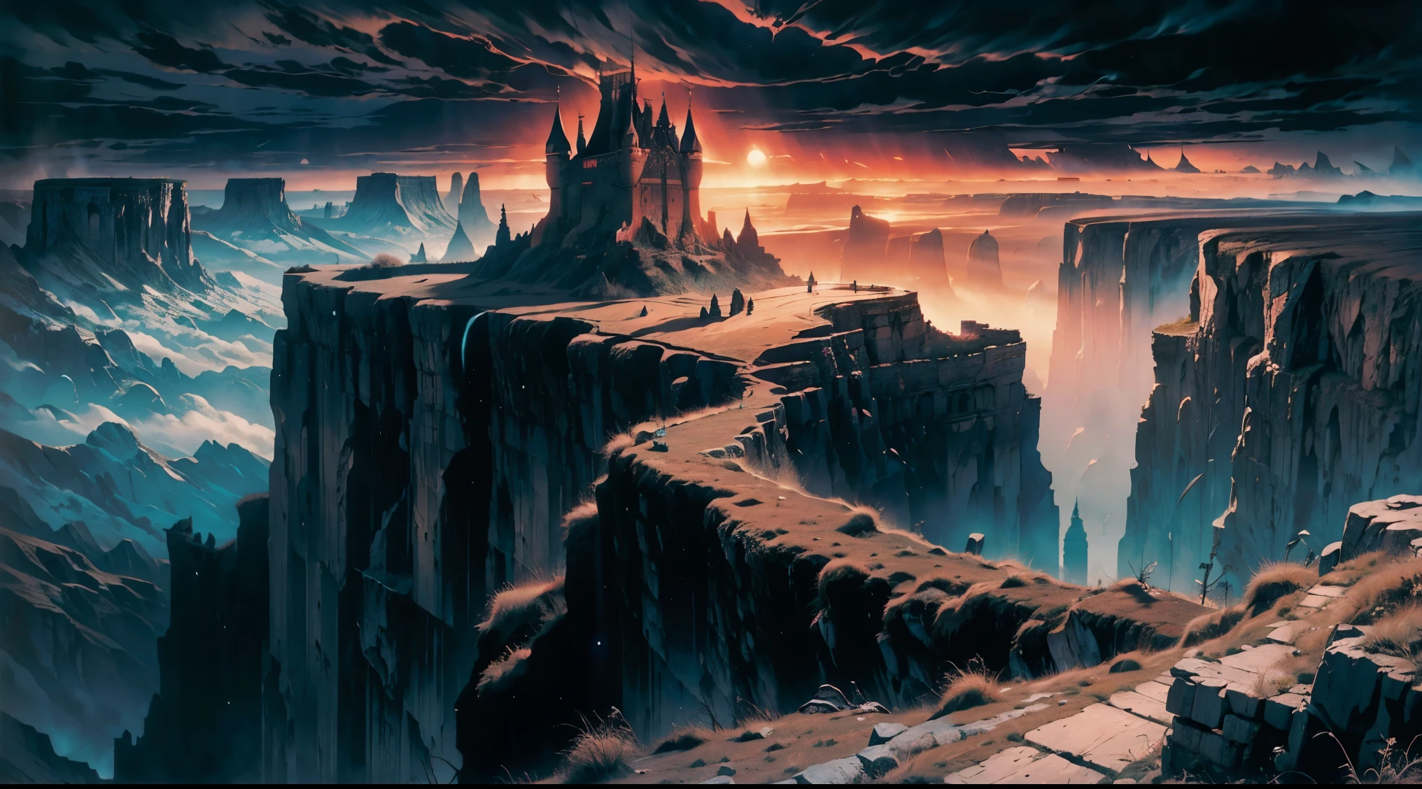 cliffs and canyons made of black castles, intricate, dark sky, red clouds blocked by tall castles, surreal, cinematic, eerie, fantasy, medieval, highly detailed. Castles on the horizon. a thousand castles. In the style of Zdzisław Beksiński