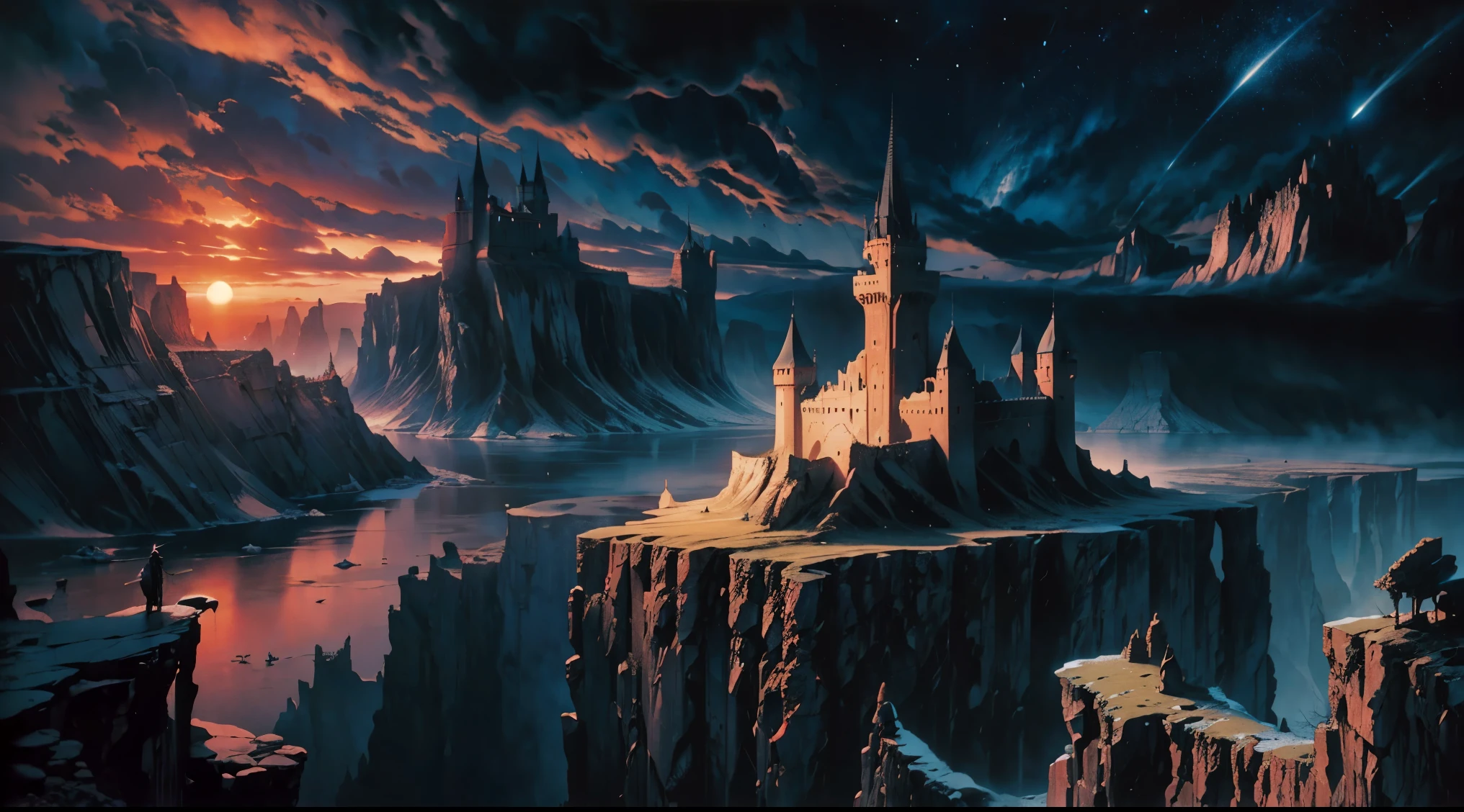 cliffs and canyons made of black castles, intricate, dark sky, red clouds blocked by tall castles, surreal, cinematic, eerie, fantasy, medieval, highly detailed. Castles on the horizon. a thousand castles. In the style of Zdzisław Beksiński
