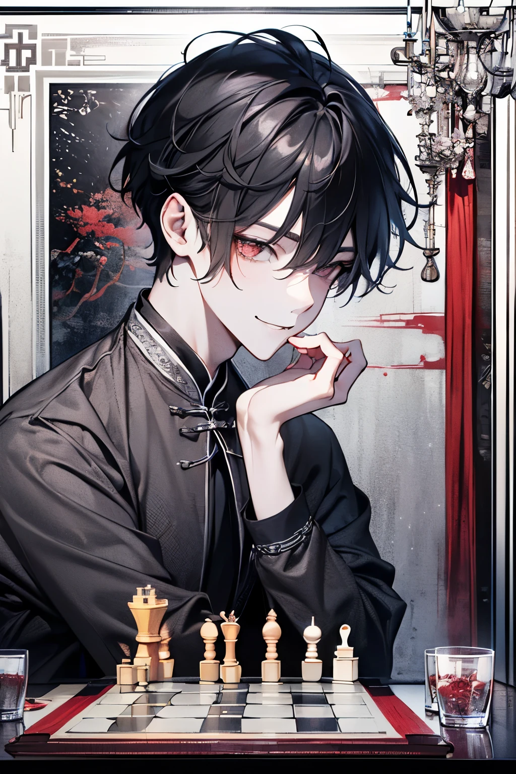 ((Adult male around 20 years old:1.2)),tazune rirei, masterpiece, best quality, braid hair, black hair, (portrait), shiny red eyes, white hanfu dress,(gray color world:1.3),bokeh,((playing chess game)), embarrassed, (close mouth), perfect hands,smile,((full body:1.1))