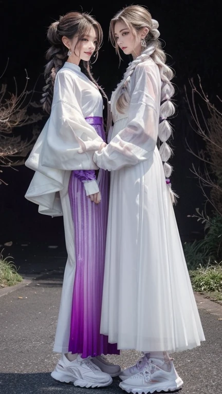 highest quality, Very detailed, masterpiece,hug,Two women hugging each other,(((Perfect female body))),Very beautiful face, Very beautiful body,Gentle expression, Very beautiful eyes,(Perfect Makeup:1.1),Blowing in the wind,Fashion Model,Cyberpunk Fashion,Curly Hair,Shaggy Hair, (Drifting in the Wind,White purple gradient long braided chignon hair:1.5),very thin body,Smart Abs,,(Fractal Gradient:1.3),Tech See-Through Jacket,Monogrammed long skirt,anklet,Two-tone high-top sneakers,A kind smile,Full body portrait,(Night in Cyber City), (Shiny skin),(Earrings),Long scarf with elegant pattern,Neon long shawl,