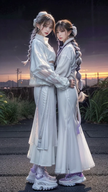 highest quality, Very detailed, masterpiece,hug,Two women hugging each other,(((Perfect female body))),Very beautiful face, Very beautiful body,Gentle expression, Very beautiful eyes,(Perfect Makeup:1.1),Blowing in the wind,Fashion Model,Cyberpunk Fashion,Curly Hair,Shaggy Hair, (Drifting in the Wind,White purple gradient long braided chignon hair:1.5),very thin body,Smart Abs,,(Fractal Gradient:1.3),Tech See-Through Jacket,Monogrammed long skirt,anklet,Two-tone high-top sneakers,A kind smile,Full body portrait,(Night in Cyber City), (Shiny skin),(Earrings),Long scarf with elegant pattern,Neon long shawl,