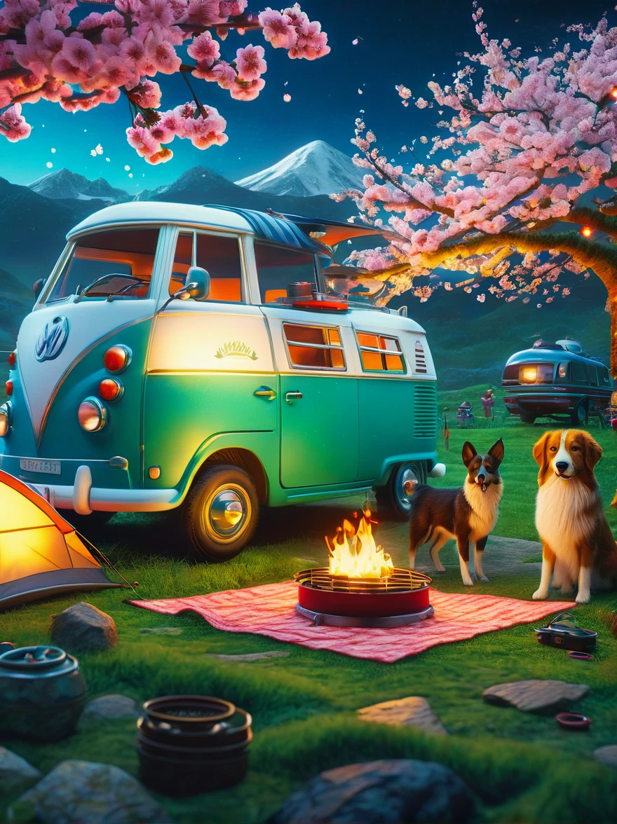 Create miniature images in a lovely wool felt world，(Spring camping site:1.3)，family，dog，Cherry blossoms，car，BBQ grill and spring landscape，The scene is rendered with lights，Using technology and style reminiscent of Pixar animations，Using Octane Render and Maxon Cinema 4D to generate highly detailed 3D，4K resolution images，Use warm light to emphasize mood lighting，And freeze the shot as a long shot or super long shot，To capture a wide range of details and atmosphere