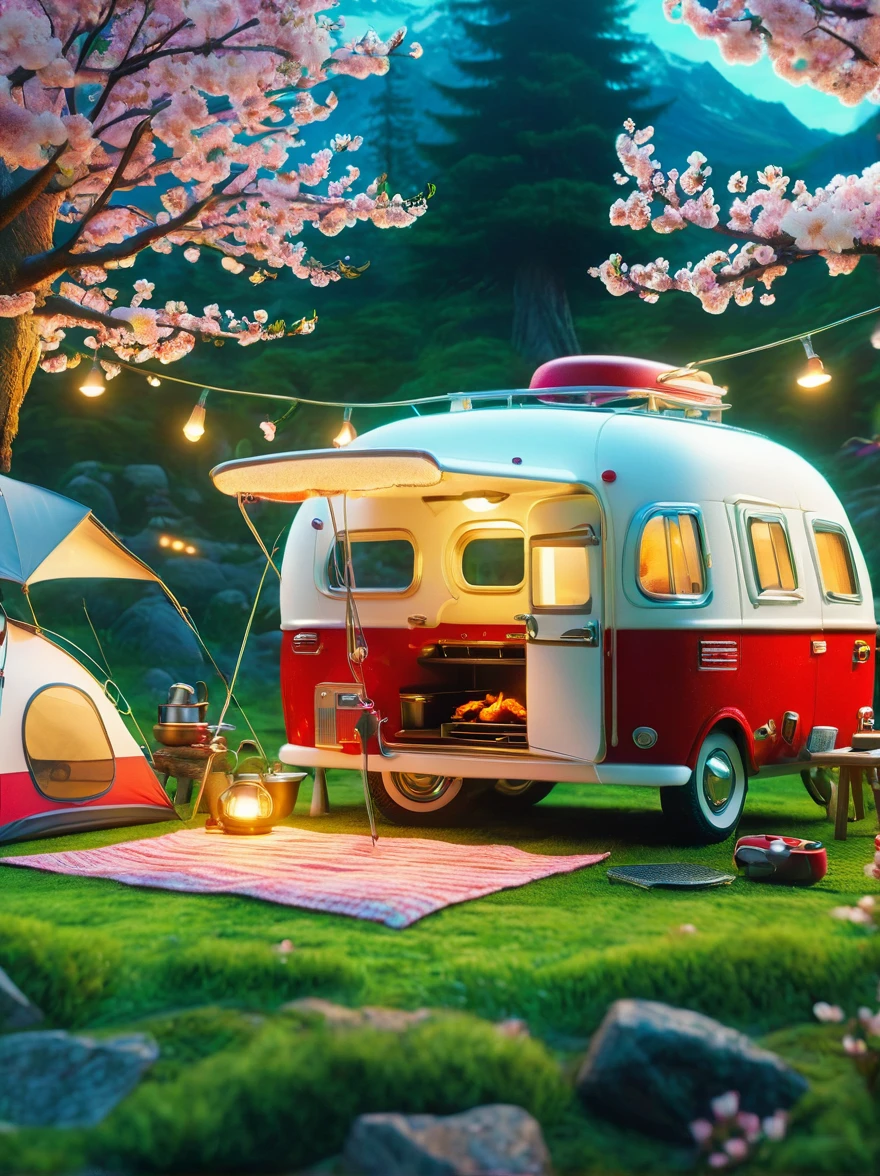 Create miniature images in a lovely wool felt world，(Spring camping site:1.3)，family，dog，Cherry blossoms，car，BBQ grill and spring landscape，The scene is rendered with lights，Using technology and style reminiscent of Pixar animations，Using Octane Render and Maxon Cinema 4D to generate highly detailed 3D，4K resolution images，Use warm light to emphasize mood lighting，And freeze the shot as a long shot or super long shot，To capture a wide range of details and atmosphere