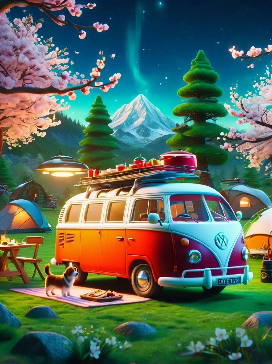 Create miniature images in a lovely wool felt world，(Spring camping site:1.3)，family，dog，Cherry blossoms，car，BBQ grill and spring landscape，The scene is rendered with lights，Using technology and style reminiscent of Pixar animations，Using Octane Render and Maxon Cinema 4D to generate highly detailed 3D，4K resolution images，Use warm light to emphasize mood lighting，And freeze the shot as a long shot or super long shot，To capture a wide range of details and atmosphere