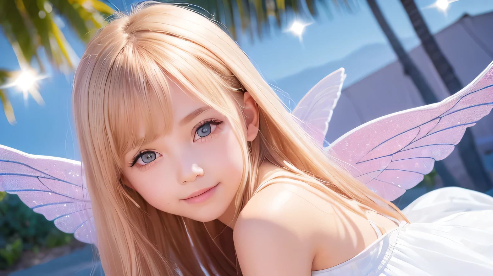 1angel,1 Fairy,2Girl,10 years old,2 people,Smile,smile,Magic wand,noon,summer,Tropical,Light of the sun,Light background,cute,Princess Dress,clear,happiness,Thick Coating,Angel Wings,Fairy Wings,Silky shiny hair,Glossy Skin,Long Hair,Fairyland,Soft light,rainbow,dream,hope,Pop Art,pastel colour,Sparkling Eyes,fine,Non-Adult,High resolution,Less exposed skin,light peach-colored hair,Thin eyebrows