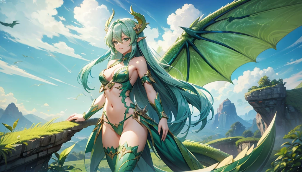 long cyan hair, Flat chested goddess,cleavage，green dragon corner,Green Dragon Wings,cyan dragon scales,Qinglongwei,Thong,，sky stormy