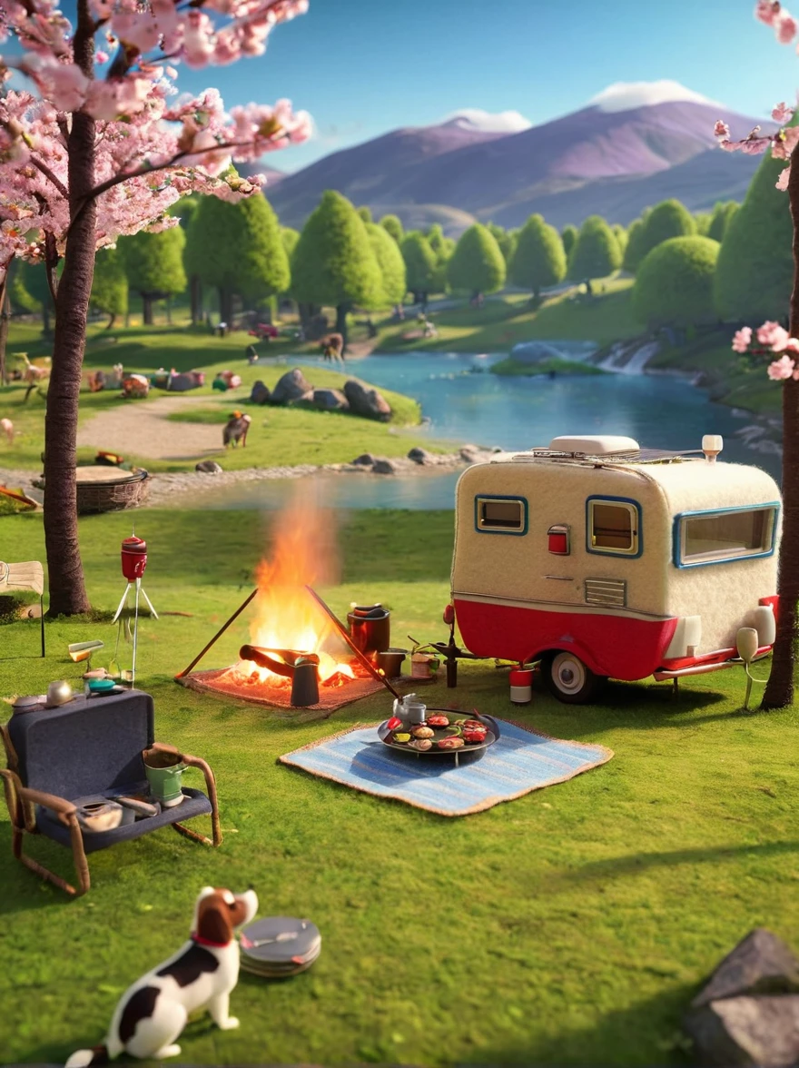 Create miniature images in a lovely wool felt world，(Spring camping site:1.3)，Have family，dog，Cherry blossoms，car，BBQ grill and spring landscape，The scene is rendered with lights，Using technology and style reminiscent of Pixar animations，Using Octane Render and Maxon Cinema 4D to generate highly detailed 3D，4K resolution images，Use warm light to emphasize mood lighting，And freeze the shot as a long shot or super long shot，To capture a wide range of details and atmosphere