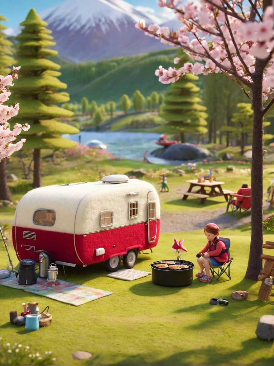 Create miniature images in a lovely wool felt world，(Spring camping site:1.3)，Have family，dog，Cherry blossoms，car，BBQ grill and spring landscape，The scene is rendered with lights，Using technology and style reminiscent of Pixar animations，Using Octane Render and Maxon Cinema 4D to generate highly detailed 3D，4K resolution images，Use warm light to emphasize mood lighting，And freeze the shot as a long shot or super long shot，To capture a wide range of details and atmosphere