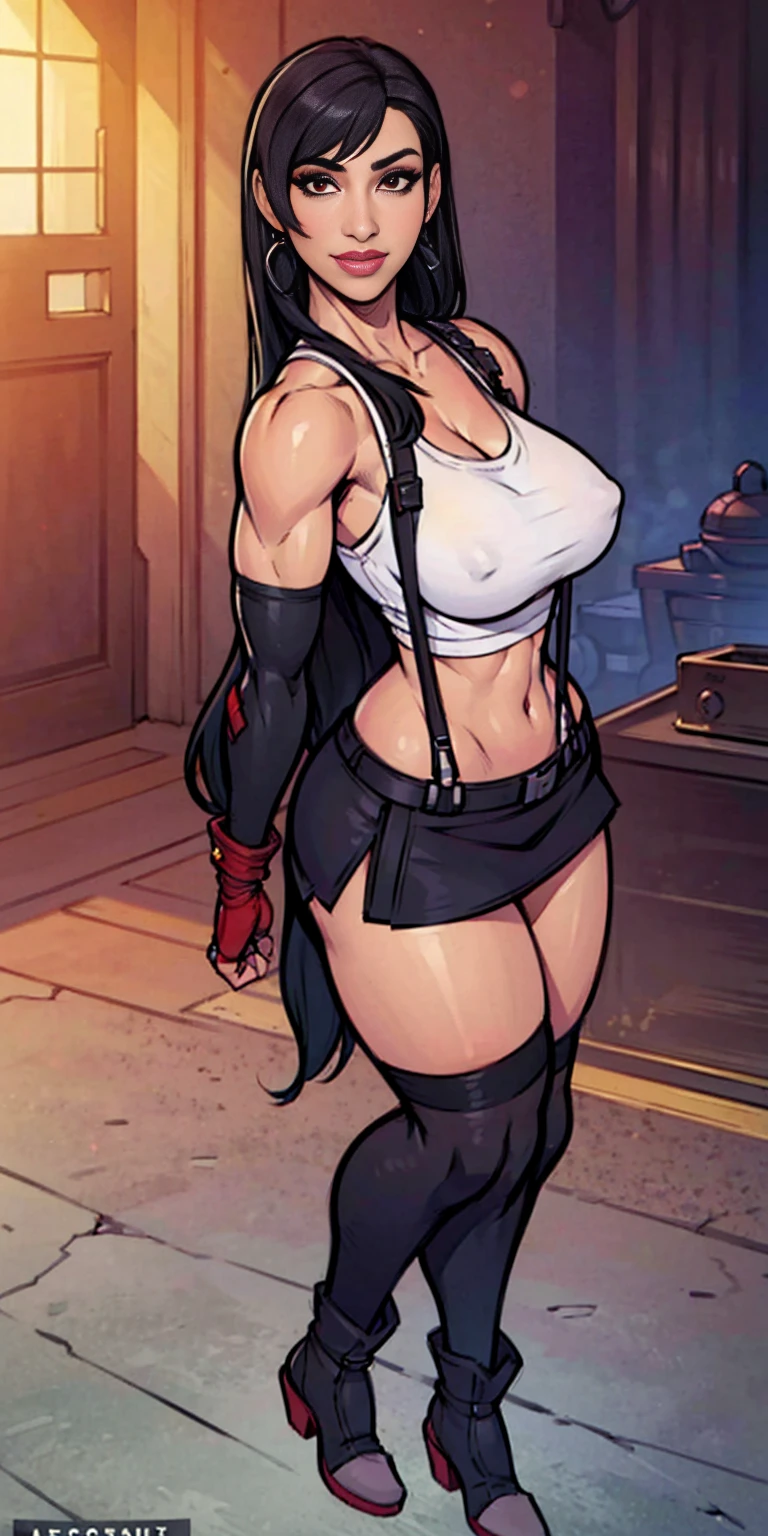 (8k, best quality, masterpiece:1.2) (realistic, photo-realistic:1.37) (full body) 1female solo girl, standing, legs apart (wide stance) standing contrapposto, ultra-detailed, cute (Tifa Lockhart) (large breasts:1.5) (beautiful detailed eyes) (smile:1.2) (closed mouth) sharp focus, depth of field, good composition, Final Fantasy VII, very long straight hair, hair bang ((red_eyes)), intricate, bokeh (Tetsuya Nomura style) perfect breasts, white tank top, black thong, suspenders, gloves, stockings, toned body, athletic, wide hips, thin waist, toned arms, exposed abdomen, view from behind