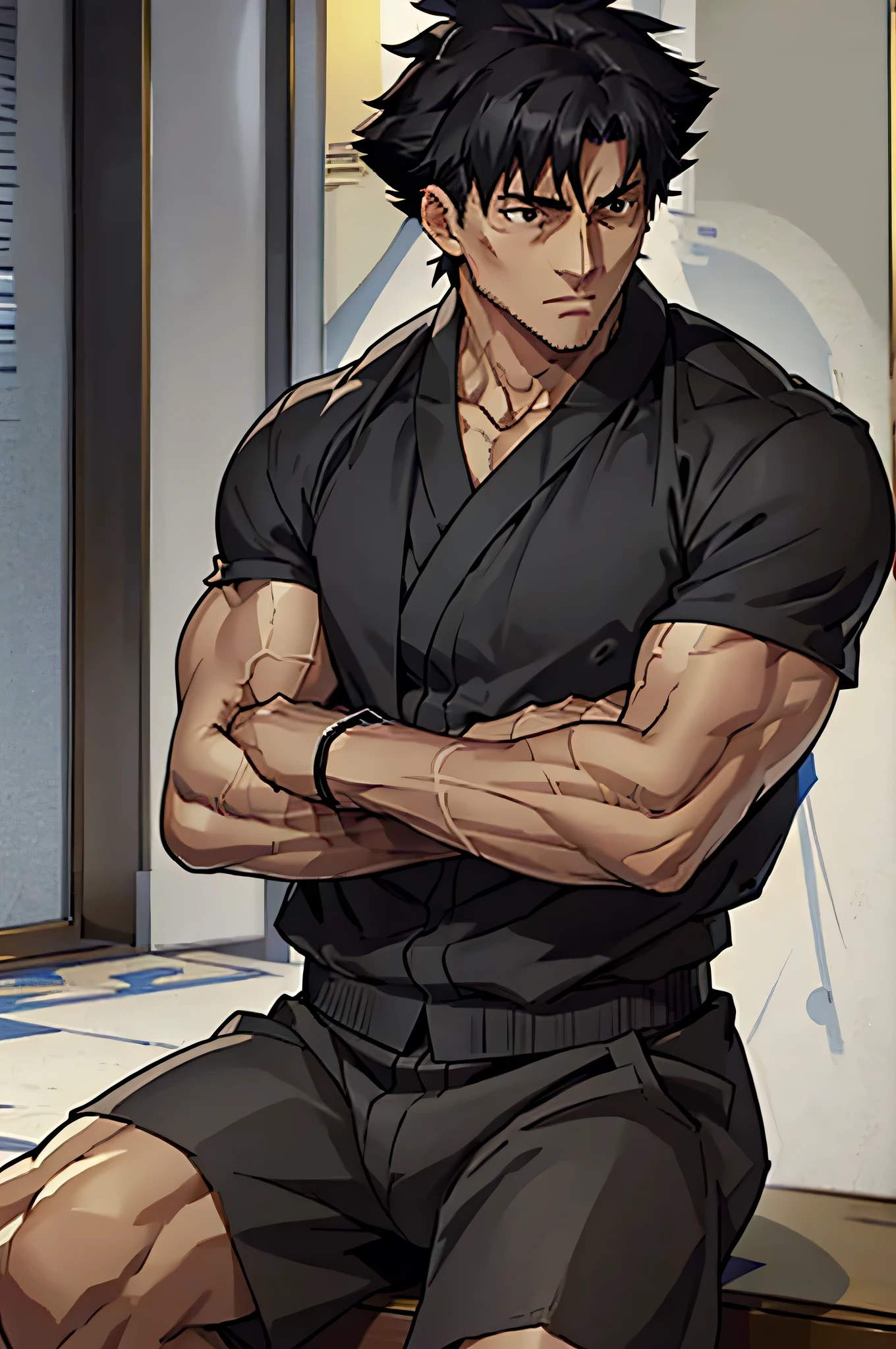 Kiritsugu is sitting and flexing his biceps. He wears black shorts. You can see his thighs. He looks stoic and serious. He has bulging veins on his arms. He is shirtless.