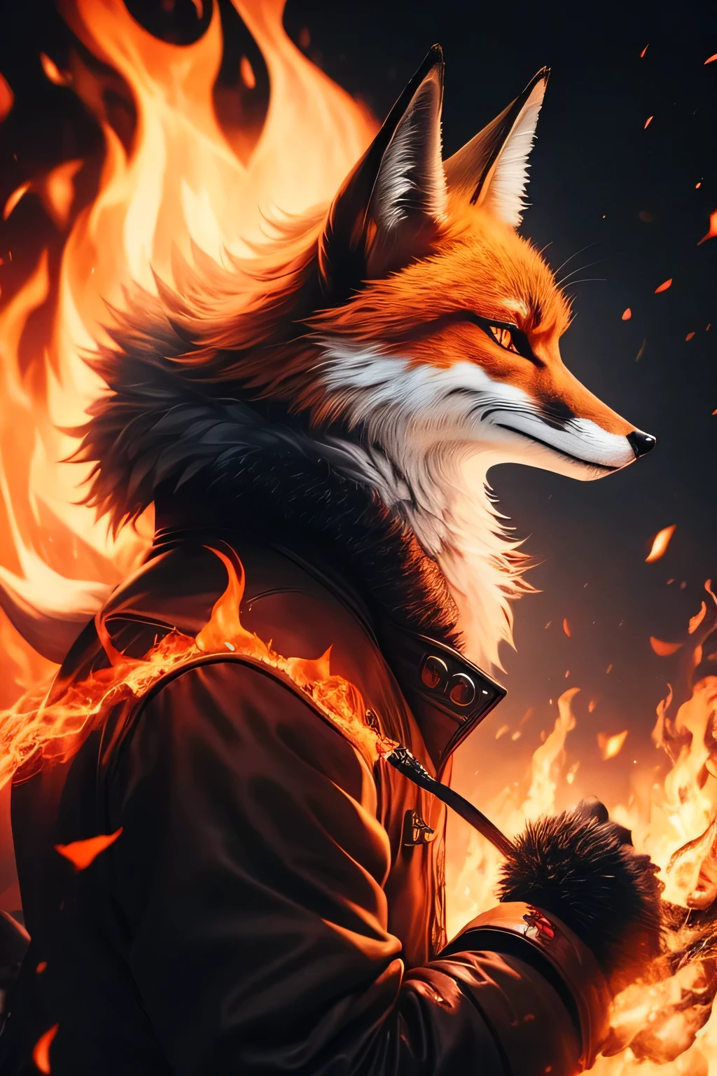 Fox Demon,animal，Down Jackets,Foxfire Curse,Familiar fox,Dreamy atmosphere,The most beautiful form of chaos,Perfect profile，masterpiece,Perfect lighting,Charming smile，grace，Handsome，Flames on the collar of the jacket，A hand casting flames，