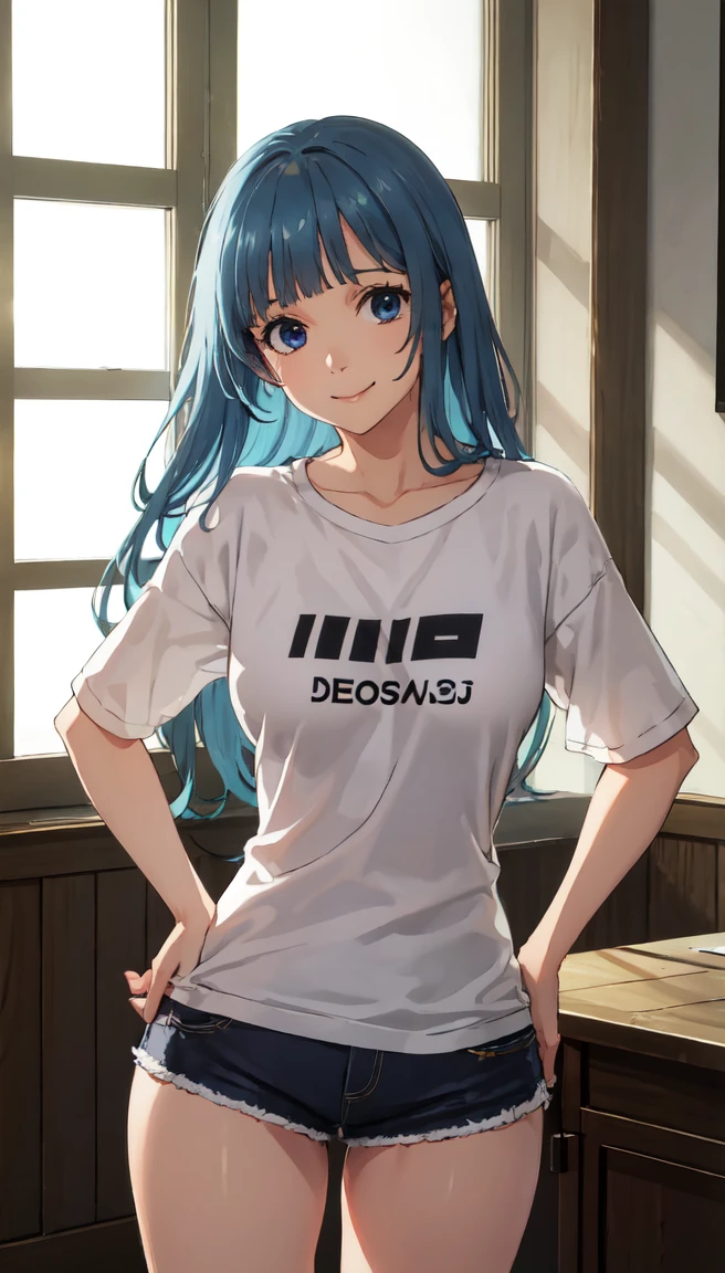 photorealistic, (4k), depth of field, (Masterpiece), (realistic skin texture), extremely detailed, intricate, hyper detailed, professional photography, bokeh, high resolution, sharp detail, best quality, girl, long hair, aqua hair, blunt bangs, blue eyes, dynamic pose, baggy graphic tshirt, dolfine shorts, booty shorts, beautiful thighs, colarbone, indoors, (facing viewer), looking at viewers, large breasts,kasumi, miwa, kasumi miwa, hands on hips leaning forward, downblouse, mouth slightly open, smiling, hourglass shape