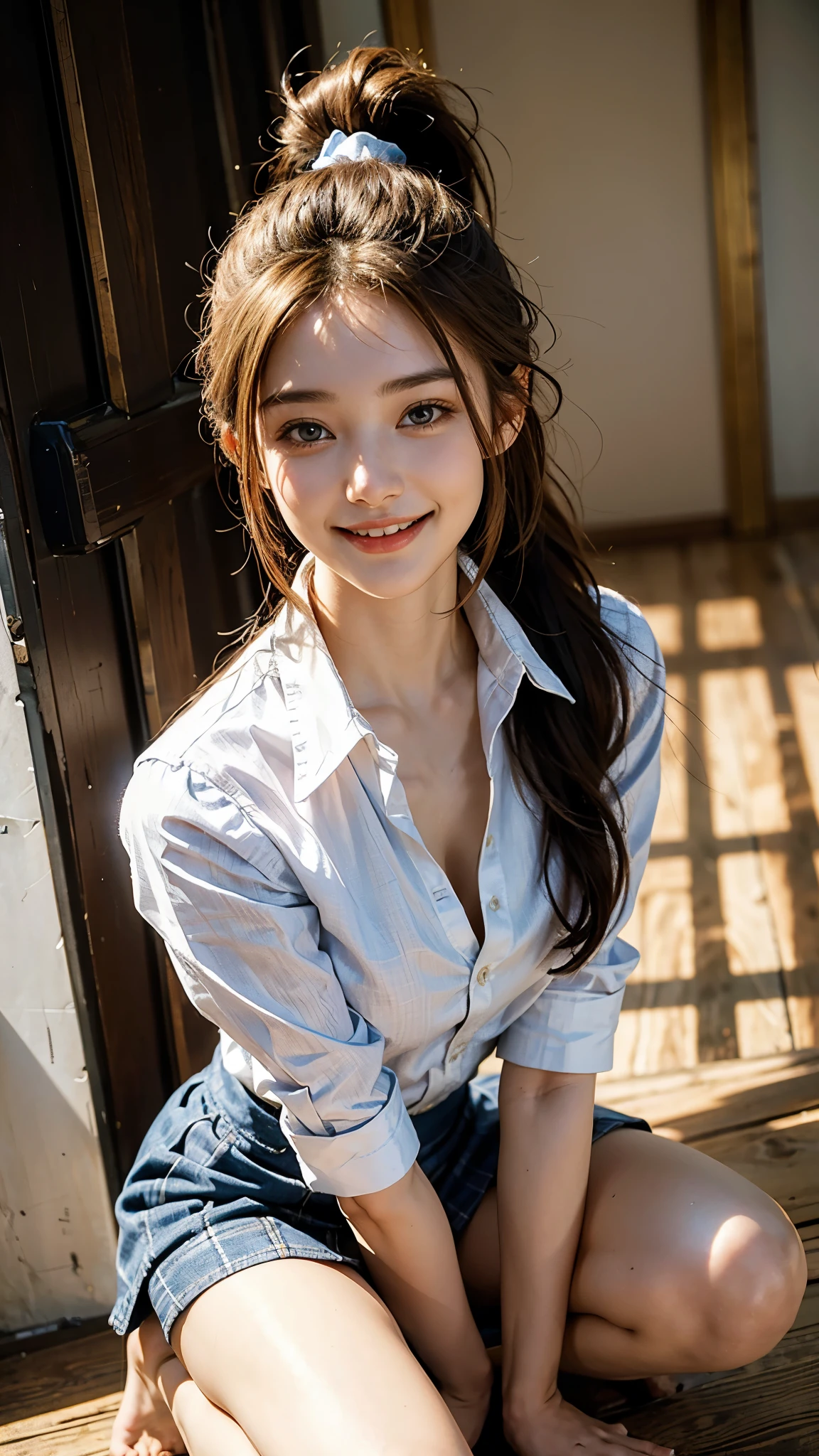 highest quality, masterpiece, Ultra-high resolution,(((Face Focus:1.6))) (Realistic:1.6), (Portrait of a man kneeling with legs apart) RAW Photos, 1 girl, 20-year-old,((A high-heeled girl in a white blouse and a blue checked miniskirt)),((Ponytail and hair tie)),,((Looking up at the audience)),Realistic,((background)), Image Media Chest)),((Smiling with teeth showing)),