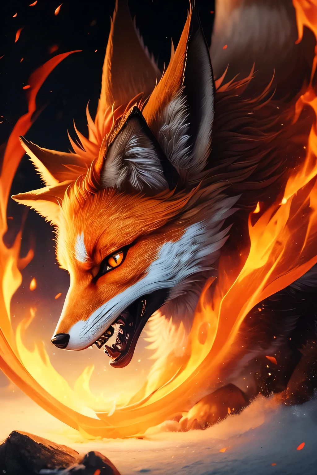 Fox Demon,animal,Down Jackets,Foxfire Curse,Familiar fox,Dreamy atmosphere,The most beautiful form of chaos,Perfect profile,masterpiece,Perfect lighting,Charming smile,grace,Handsome,Flames on the collar of the jacket,A claw is casting fire magic,