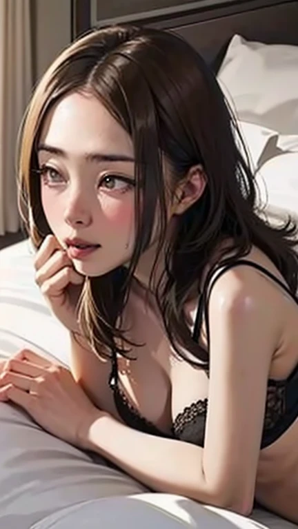 (Top quality masterpiece:1.2) Delicate illustrations, Very detailed, /Beautiful Japanese Women、1 person,Very cute and slim、Great style 、((8k images、super high quality))、Very delicate face, beautifule forehead、Open your mouth wide、Bright red lipstick,(((((Mid-length hair、Light brown hair、Blonde Hair))))),very cute、Kind eyes,((((lingerie、Lie on your back in bed))))