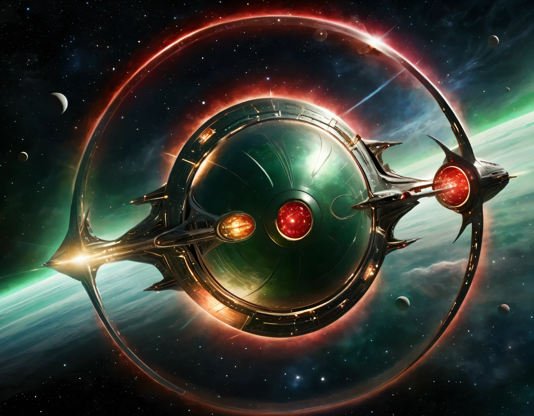 An advanced starship traveling through space, featuring a gradient sky from green to red with scattered stars. The ship’s design includes a circular front, elongated body, and nacelles, with a detailed metallic finish and bright lights accentuating its futuristic look