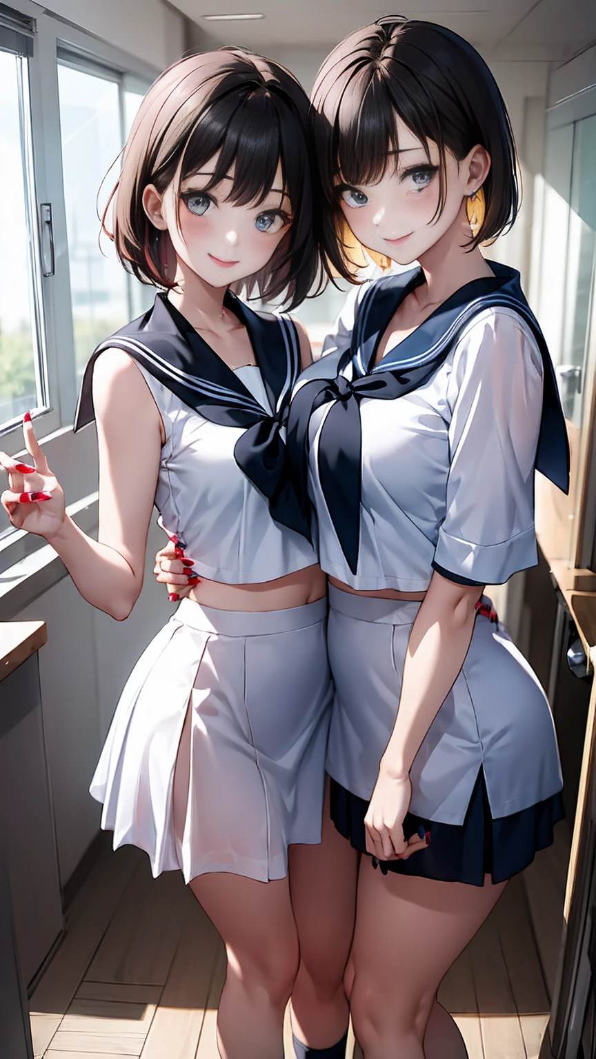 (mini skirt),(Browsing Caution),(2 girls),(Sailor suit), Black Hair, blonde,blush,grab,Long Hair, Manicure,Pink Nails,short hair, smile, classroom