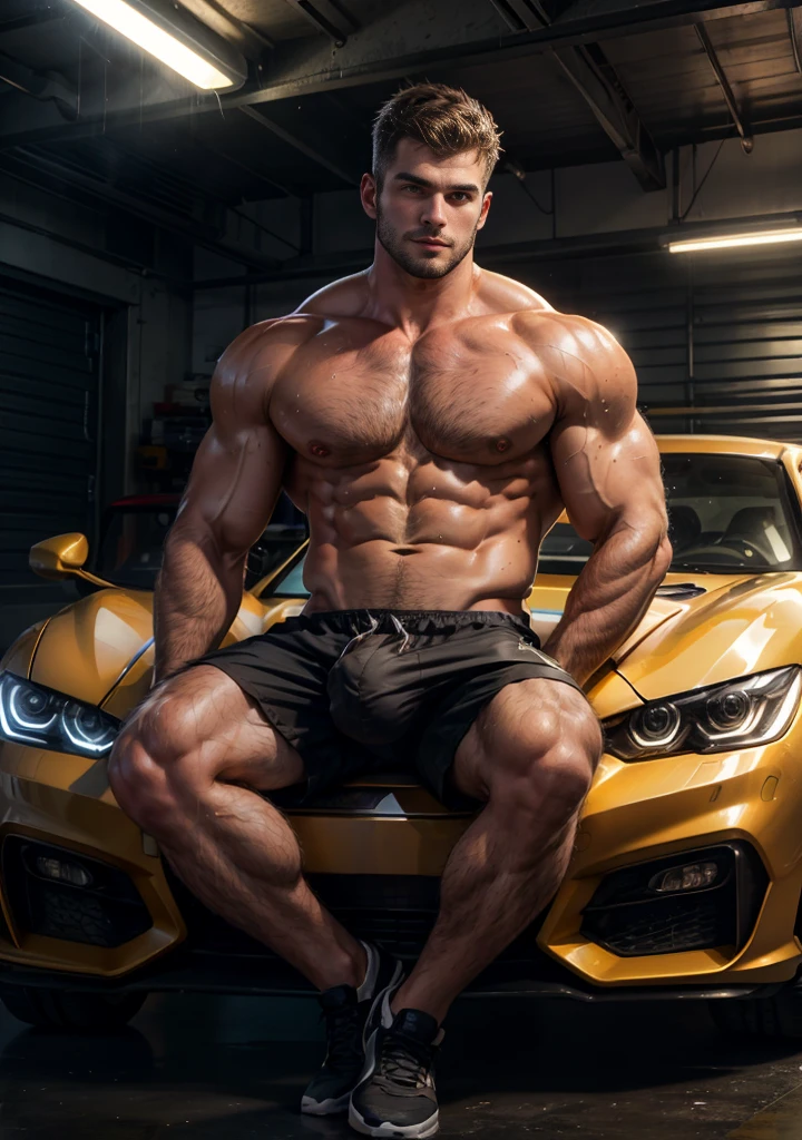 masterpiece, best quality, high resolution, male focus, focus alone, muscular,Swelling of chest muscles, Burly, hairy, male, Handsome man,rough real skin,Slim shorts,Big bulge,Prominent J8,Mechanical, Mechanical's outfit,Many high-end sports cars,Sitting on the car, Bright Light,large garage,sweat, amazing composition, Front view, HDR, Volumetric Lighting, Ultra-high quality, elegant, Very detailed