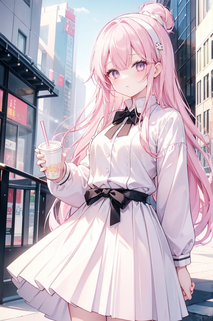 1girl,Colorful eyes, long light pink hair, wearing a headband, wearing white clothes, a black and white plaid pleated skirt, holding a cup of pearl milk tea in her right hand, surrounded by tall buildings,bright golden sunlight, 8k, looking at viewer
