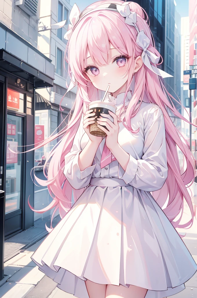 1girl,Colorful eyes, long light pink hair, wearing a headband, wearing white clothes, a black and white plaid pleated skirt, holding a cup of pearl milk tea in her right hand, surrounded by tall buildings,bright golden sunlight, 8k, looking at viewer