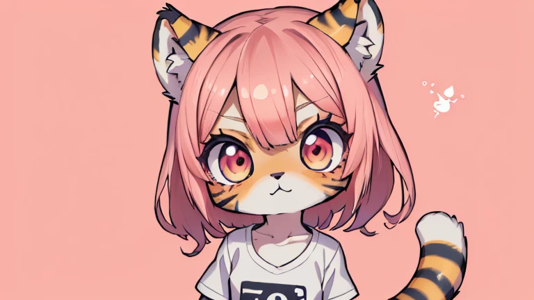 (obra maestra, Alta calidad, mejor calidad, 8K, high resolution), ((estilo chibii, Chibi lindo)), (solo, 1 girl), {Tiger Girl, cara de tigre, 2 colmillos, long eyelashes, delineador de ojos} {bigotes de tigre}, (((Piel de tigre por todo el cuerpo., Rayas de tigre en el cuerpo.))), (pelo naranja), cabello corto, Pinza para el cabello, [[Pinza para el cabello white flower on hair]], ((Muy feliz)), ((boca abierta)), ojos naranjas, [pupilas negras], ((buscando)), (very small breasts), brazos delgados, (un brazo arriba, un brazo hacia abajo), axilas, ((mini camiseta rosa, camiseta rosa completa)), {shorts blancos}, {{{mini cola de tigre, Cola en la espalda}}}, (cuerpo completo), (((de pie, jump angle))), dynamic pose, Fondo blanco, fondo sencillo, ((((Estilo Tora-chan no Hanayome)))), (old anime style 40s), estilo animado, anime color.