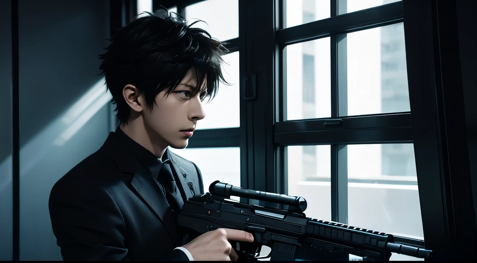 art style in the style of psycho pass, dominator gun, anime, kogami, wielding dominator gun, metro, window with light