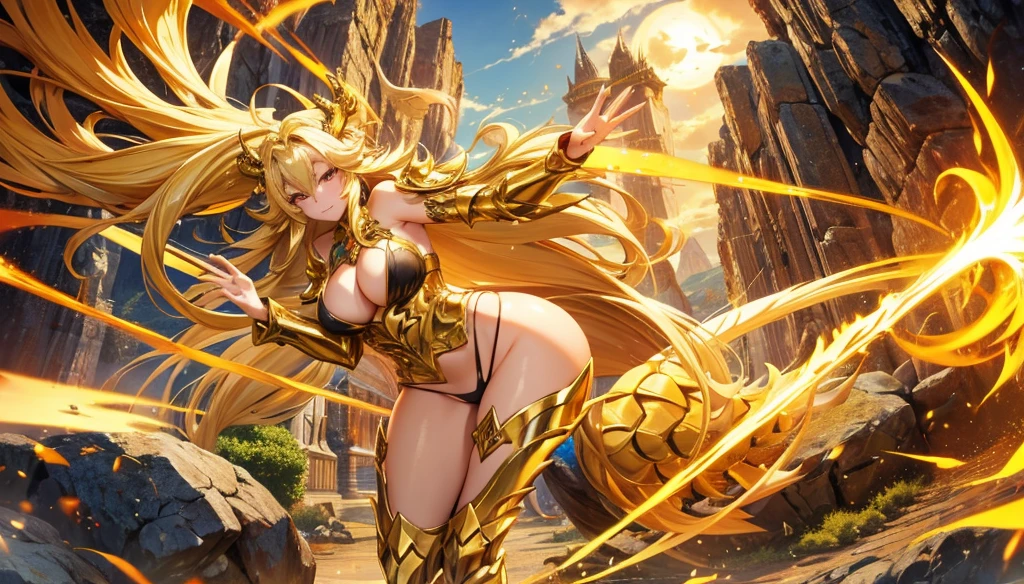 Blonde woman with long hair，goddess,cleavage，golden dragon horn,Golden Dragon Scale,Dragon Tail,Thong,，Alpine rocks