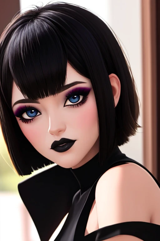 Primer plano de mavis, solo , gestos de ira, mostrar colmillos puntiagudos ,ojos azules , labios carnosos negros ,full HD  , gothic makeup short hair bob style 