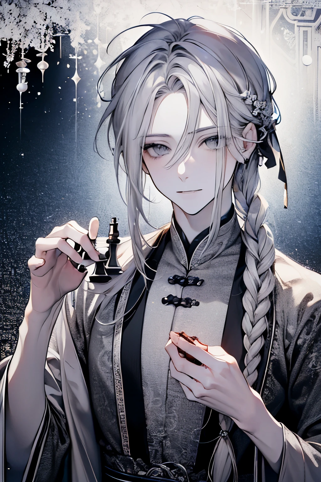 ((Adult male around 20 years old:1.2)),tazune rirei, masterpiece, best quality, braid hair, black hair, (portrait), shiny lightyellow eyes, white hanfu dress,(gray color world:1.3),bokeh,((playing chess game)), embarrassed, perfect hands,smile,((full body:1.1))
