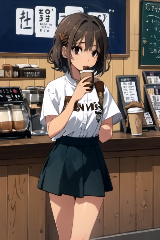 1girl, Subtle details, mini skirt, Coffee shop