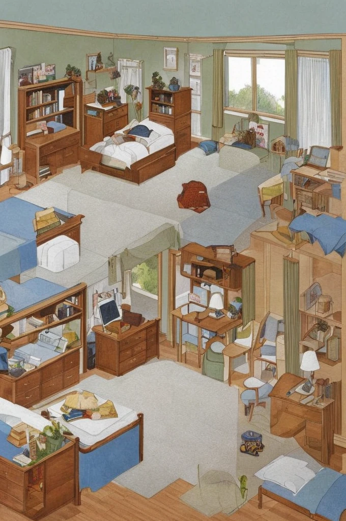 Inside (a light wood-colored bed with white sheets, yellow pillows and blue duvet), (a light wood-colored desk with a pencil, a notebook and a textbook), (a light wood-colored chair in front of the desk), There is a room with (a child sitting on a chair and studying at a desk), (a light wood-colored wardrobe with double doors, one of which is opened to reveal clothes hanging inside), a patterned carpet, a wall clock, a wall painting, (a bookcase with several books on its shelves), a full-length mirror. The room has the same dimensions in width, breadth or depth. The room has no roof or ceiling. The top of the room is open. The image is from outside the room and well above the ceiling, showing the room, the walls of the room and the garden outside the room, including the trees, the swing and the flowers, from an isometric perspective. This is a game screenshot. This image captures the furniture, home and lifestyle of 1900s America.