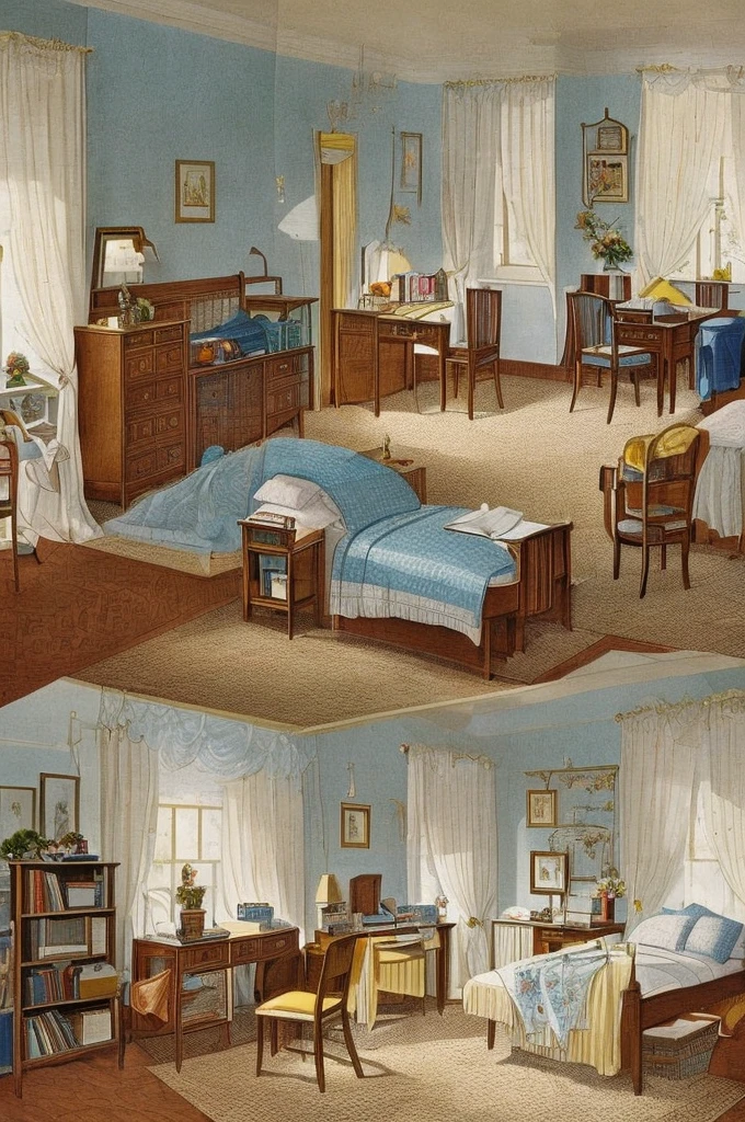 Inside (a light wood-colored bed with white sheets, yellow pillows and blue duvet), (a light wood-colored desk with a pencil, a notebook and a textbook), (a light wood-colored chair in front of the desk), There is a room with (a child sitting on a chair and studying at a desk), (a light wood-colored wardrobe with double doors, one of which is opened to reveal clothes hanging inside), a patterned carpet, a wall clock, a wall painting, (a bookcase with several books on its shelves), a full-length mirror. The room has the same dimensions in width, breadth or depth. The room has no roof or ceiling. The top of the room is open. The image is from outside the room and well above the ceiling, showing the room, the walls of the room and the garden outside the room, including the trees, the swing and the flowers, from an isometric perspective. This is a game screenshot. This image captures the furniture, home and lifestyle of 1900s America.