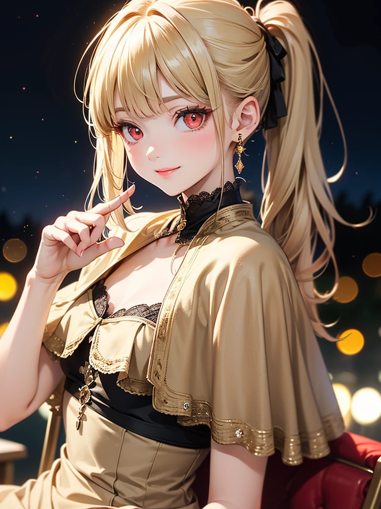 (​masterpiece),(top-quality:1.2),((perfect anatomy)),(perfect fingers:1.3),(correct hands:1.3),(1 girl),(flat chest),Highest quality,blonde ponytail hair,blunt bangs,(from side)(sideways glance),beautiful detailed red eyes,beige capelet fashion,sitting on chair,night outdoor,be amazed,film lighting,depth of written boundary,bokeh,pastel tone,seductive smile