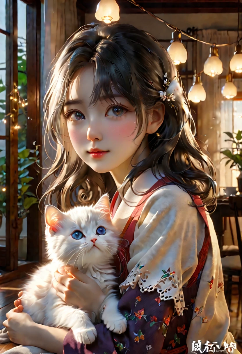 (Panorama, center, masterpiece, highest quality: 1.2), (8K, Raw photo, highest quality), ((masterpiece:1.2)), Realistic, Ultra-high resolution, High Contrast, Photon Mapping, Bright colors, Real, Ultra-detailed, Very detailed, Raw photo, Genuine, Official Art, RAW Photos, Professional Lighting, Light, Professional Writing, twiceLight, Vivid atmosphere, High-definition CG, Unity8k), Matsumoto Izumikaze, A girl in a high and a white kitten、Eating in the living room。A warm light envelopes a girl and a kitten.、The atmosphere is fun, friendly and safe。On the dining table、A lineup of homemade dishes、enjoying。The interior of the house、Beautifully appointed、It creates a peaceful atmosphere。Family photos and memorabilia on the walls々Decorated with、You can feel the family history and ties.。There's a fire in the fireplace、The warmth spreads throughout the house.。There are plants in the living room、You can feel the vitality of nature。Outside the window、There is a beautiful garden。Colorful flowers bloom in the garden、I can see the little birds chirping。Family ties in nature are emphasized、It gives a sense of the beginning and growth of life.。The home is a sacred place.、By valuing time with family、It symbolizes a day of peace of mind and fulfillment.。Captivating natural beauty,Shining Star Fragment, An atmosphere that exudes the excitement of adventure。An atmosphere that makes you feel happy and joyful。High Fantasy Worldview, A magnificent compositionや比率が美しく描写, Guardian nebula of rainbow light and silvery vapor, Corrosive Encirclement Ray Family Color, Slimy air, A magnificent composition, Epic proportions,