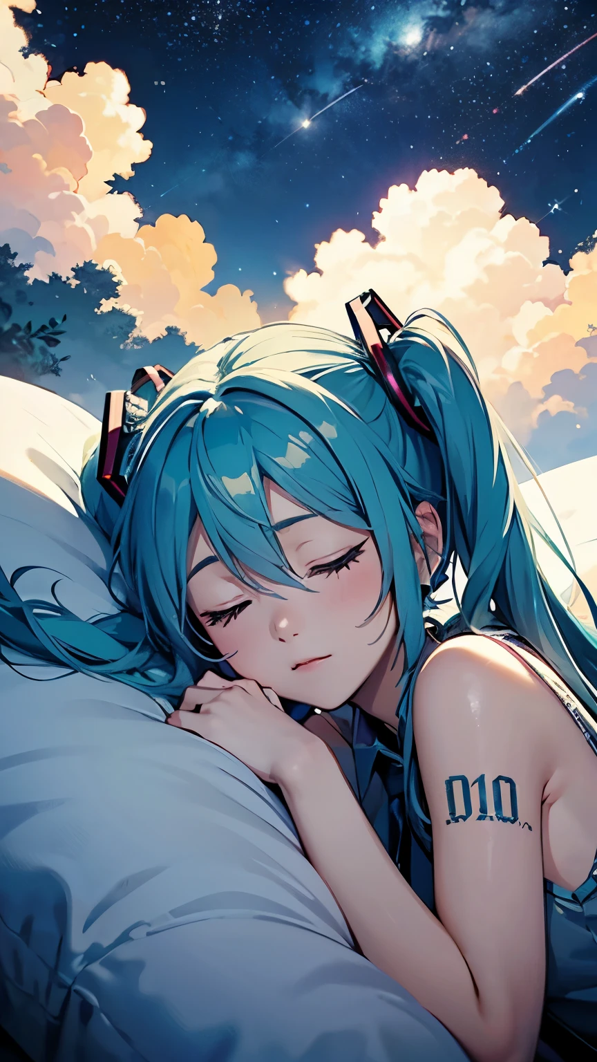 Hatsune Miku as a sleeping on a cloud、Starry Sky