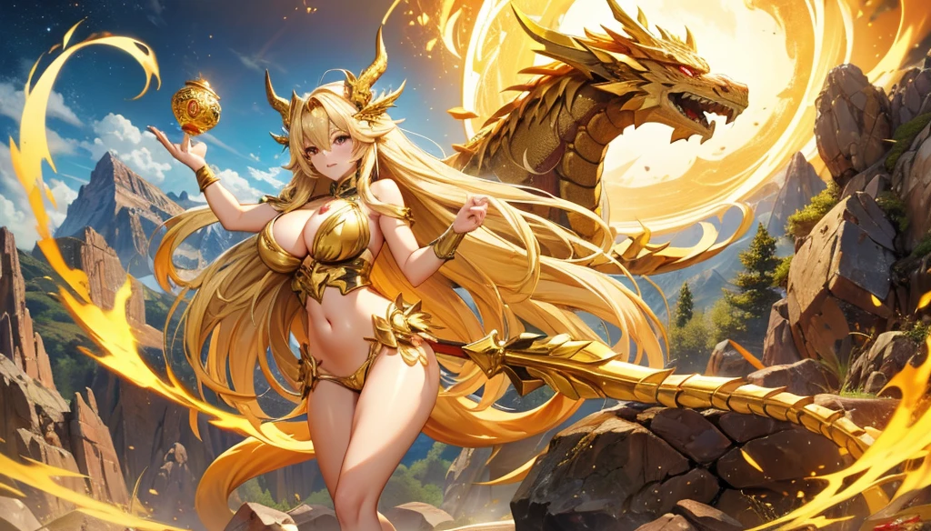 Blonde woman with long hair，goddess,cleavage，golden dragon horn,Golden Dragon Scale,Dragon Tail,Thong,，Alpine rocks