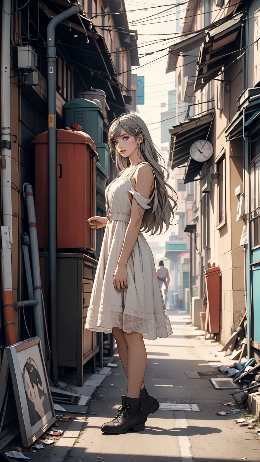 ((masterpiece, highest quality)),girl, alone, dress, Are standing, Hello, alley, Outdoor, bangs, white dress, Gray Hair, Long Hair, Black footwear, Industrial Pipes, View Viewer, Air conditioning,Dim lighting, garbage, garbage bin, hxh2011 