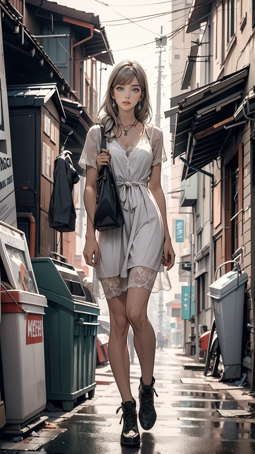 ((masterpiece, highest quality)),girl, alone, dress, Are standing, Hello, alley, Outdoor, bangs, white dress, Gray Hair, Long Hair, Black footwear, Industrial Pipes, View Viewer, Air conditioning,Dim lighting, garbage, garbage bin, hxh2011 