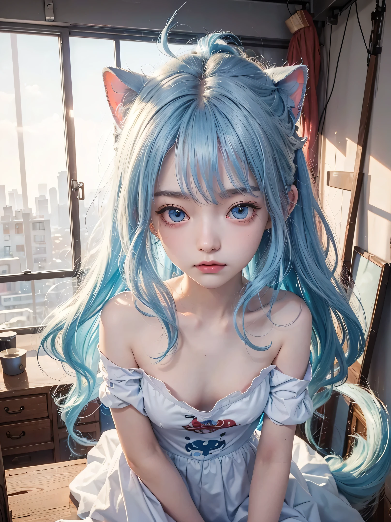 (8k、Best image quality、highest quality、masterpiece)、Detailed face、One Girl、Light blue hair、length、Wavy Hair、Red eyes、Expressionless、Piercing modest chest、White T-shirt、Tail Tail、Shoulder out、wariza、Shot from above、messy room background