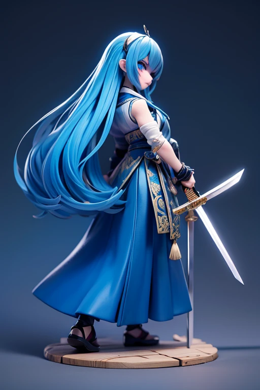 blue hairy eyes T back Carrying a Japan sword on his back posterior view crouching down masterpiece Top image quality denoise Clear cinematic shadow Increased attractiveness of the eyes Clear the shine of the eyes Draw eyelashes neatly Perfect Eye A detailed eye Sharpen image quality Sharpen eye writing Clear eye shape