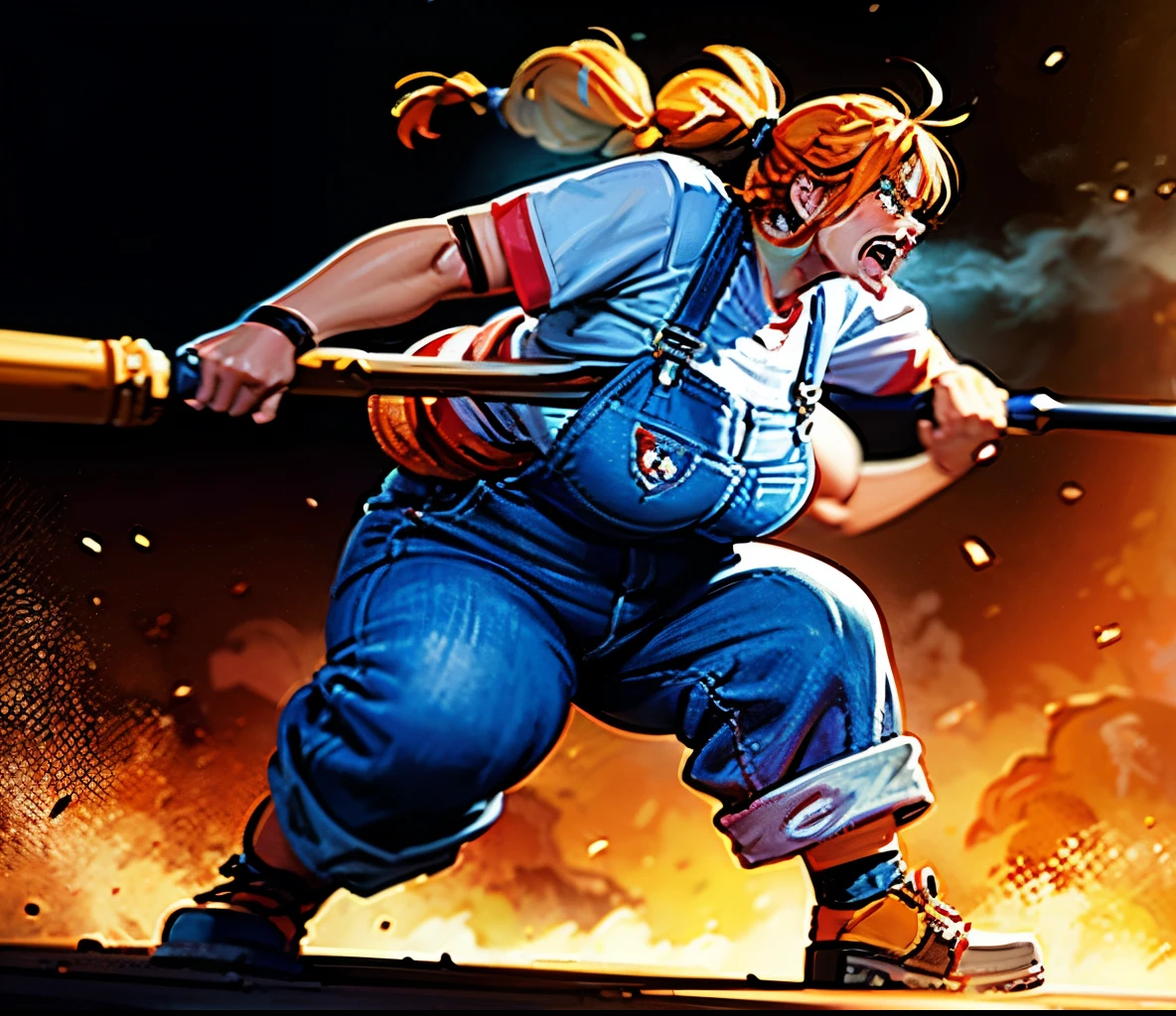 a obese elderly woman, fighter, combatant, angry expression, using a club, short stature, round body, orange hair in twin braids, wearing denim overalls, extremely detailed face, digital painting, dramatic lighting, vibrant colors, fantasy art