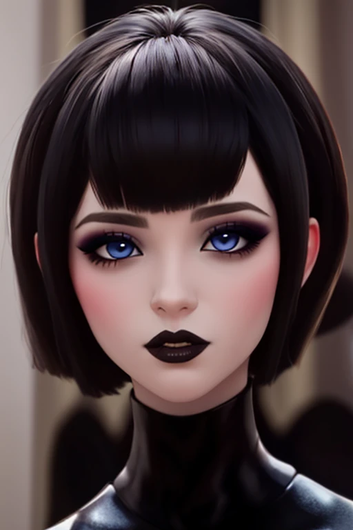 Primer plano de mavis, solo , gestos de ira, boca aberta, mostrar colmillos puntiagudos ,ojos azules , labios carnosos negros ,full HD , gothic makeup short hair bob style