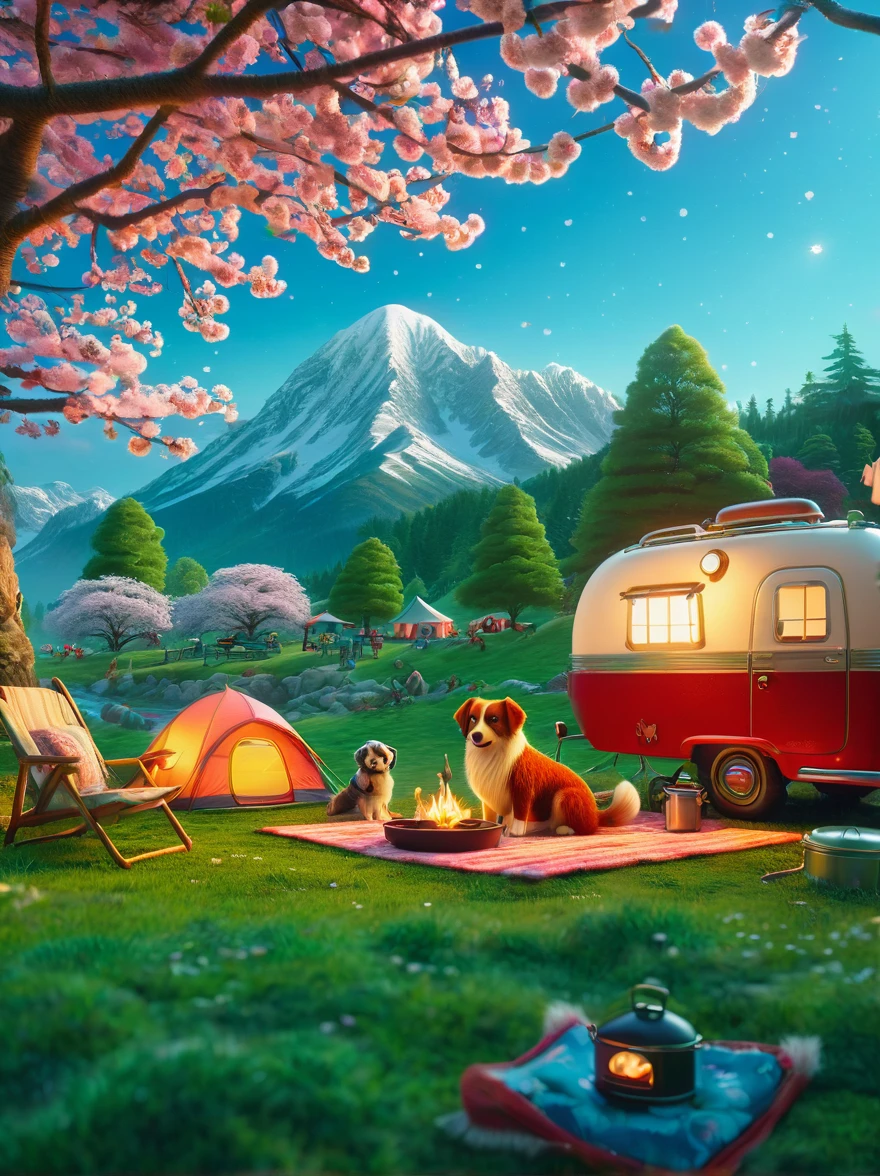 Create miniature images in a lovely wool felt world，(Spring camping site:1.3)，family，dog，Cherry blossoms，tent，BBQ grill and spring landscape，The scene is rendered with lights，Using technology and style reminiscent of Pixar animations，Using Octane Render and Maxon Cinema 4D to generate highly detailed 3D，4K resolution images，Use warm light to emphasize mood lighting，And freeze the shot as a long shot or super long shot，To capture a wide range of details and atmosphere