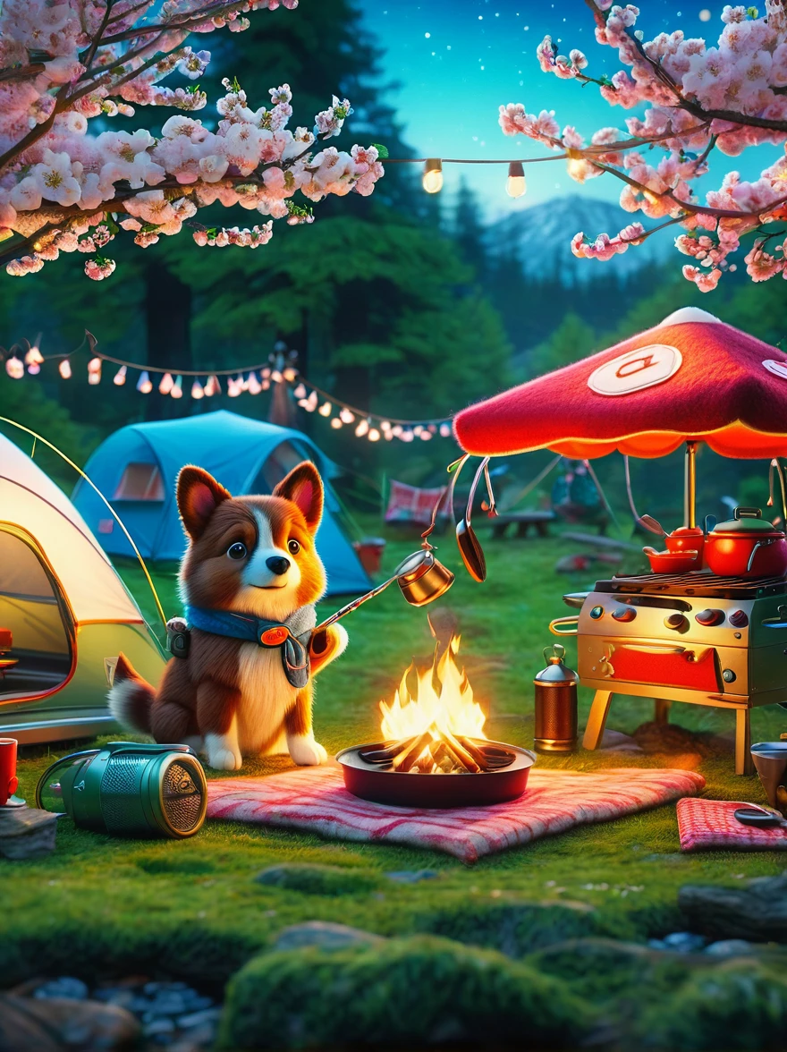 Create miniature images in a lovely wool felt world，(Spring camping site:1.3)，family，dog，Cherry blossoms，tent，BBQ grill and spring landscape，The scene is rendered with lights，Using technology and style reminiscent of Pixar animations，Using Octane Render and Maxon Cinema 4D to generate highly detailed 3D，4K resolution images，Use warm light to emphasize mood lighting，And freeze the shot as a long shot or super long shot，To capture a wide range of details and atmosphere