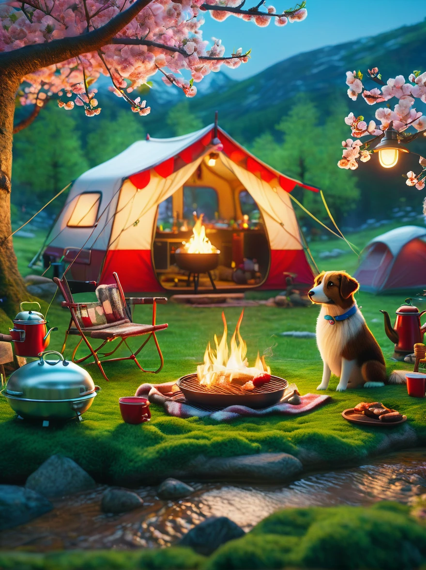 Create miniature images in a lovely wool felt world，(Spring camping site:1.3)，family，dog，Cherry blossoms，tent，BBQ grill and spring landscape，The scene is rendered with lights，Using technology and style reminiscent of Pixar animations，Using Octane Render and Maxon Cinema 4D to generate highly detailed 3D，4K resolution images，Use warm light to emphasize mood lighting，And freeze the shot as a long shot or super long shot，To capture a wide range of details and atmosphere